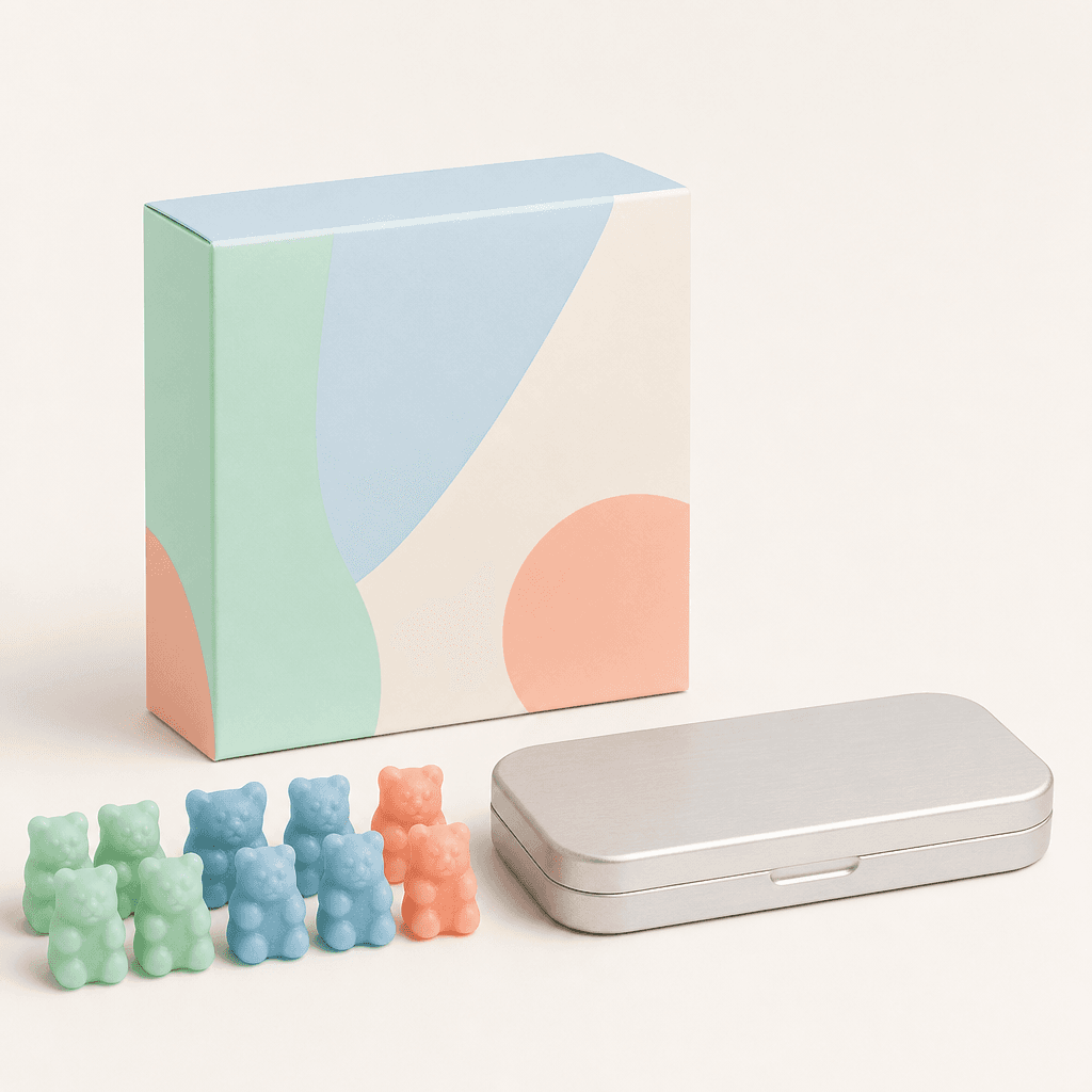 The Mend Kit with pastel gummy bears, a brushed mint tin, and the kit box on warm linen