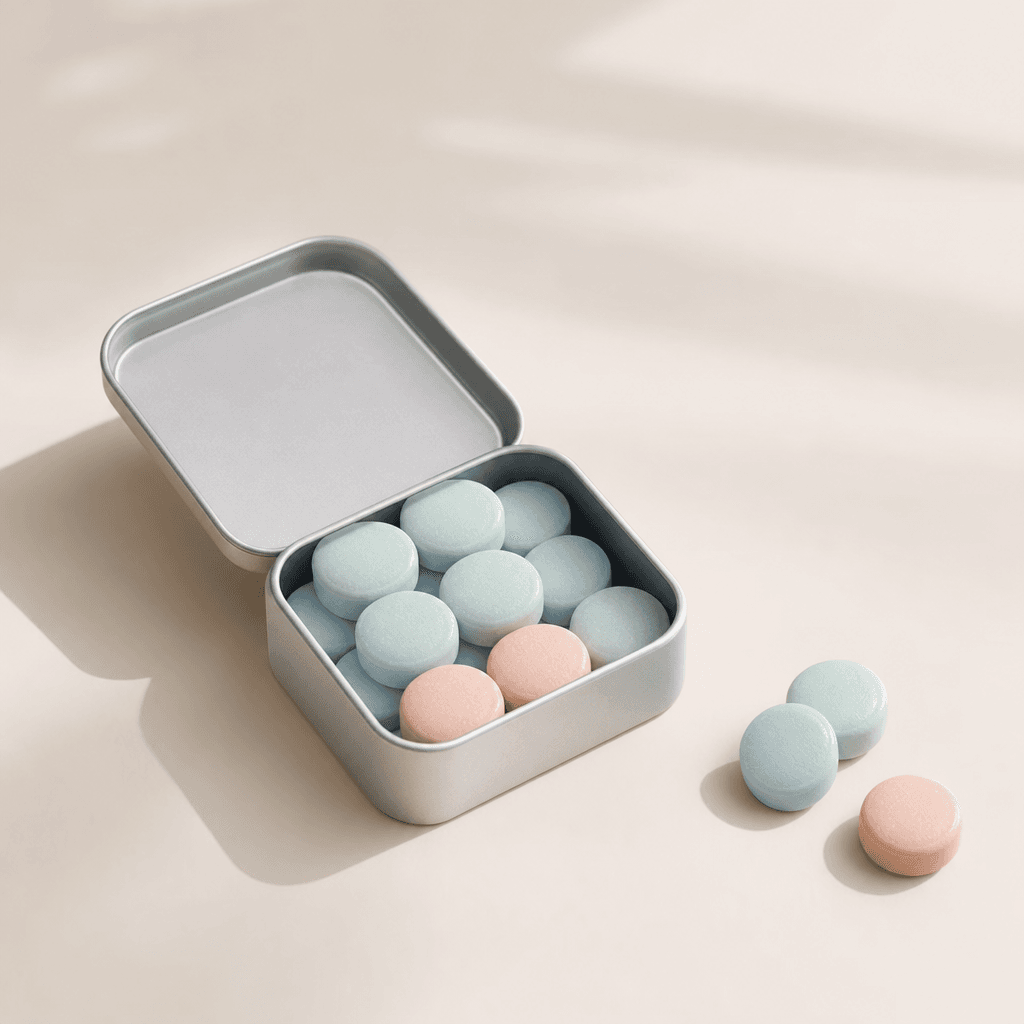 Mend Focus Mints in a slim brushed tin with pastel mints on warm linen